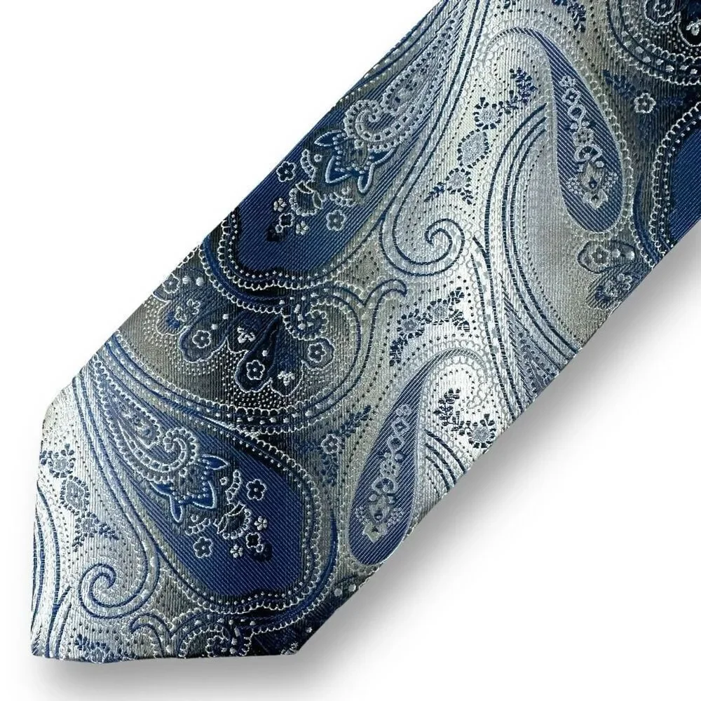 Pronto Uomo Men's 100% Silk Paisley Print Necktie Blue Gray Silver Dressy Wester